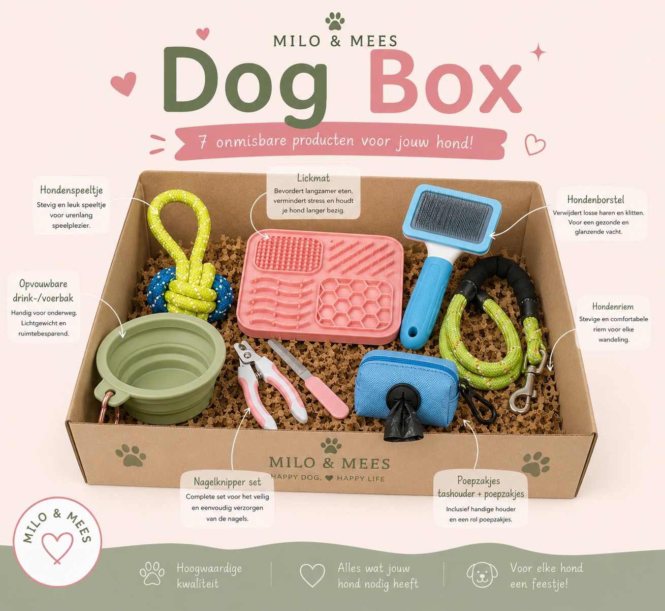 Milo & Mees Dog Essentials Box met alle inhoud