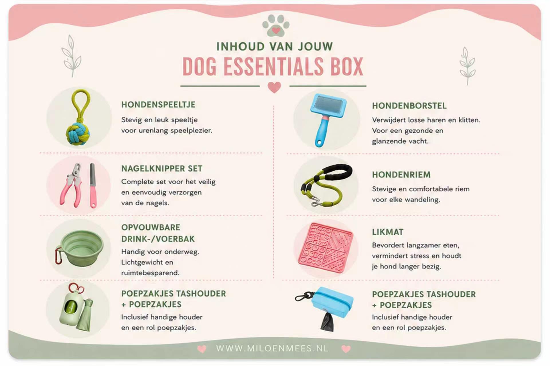 Kaartje met de inhoud van de Dog Essentials Box