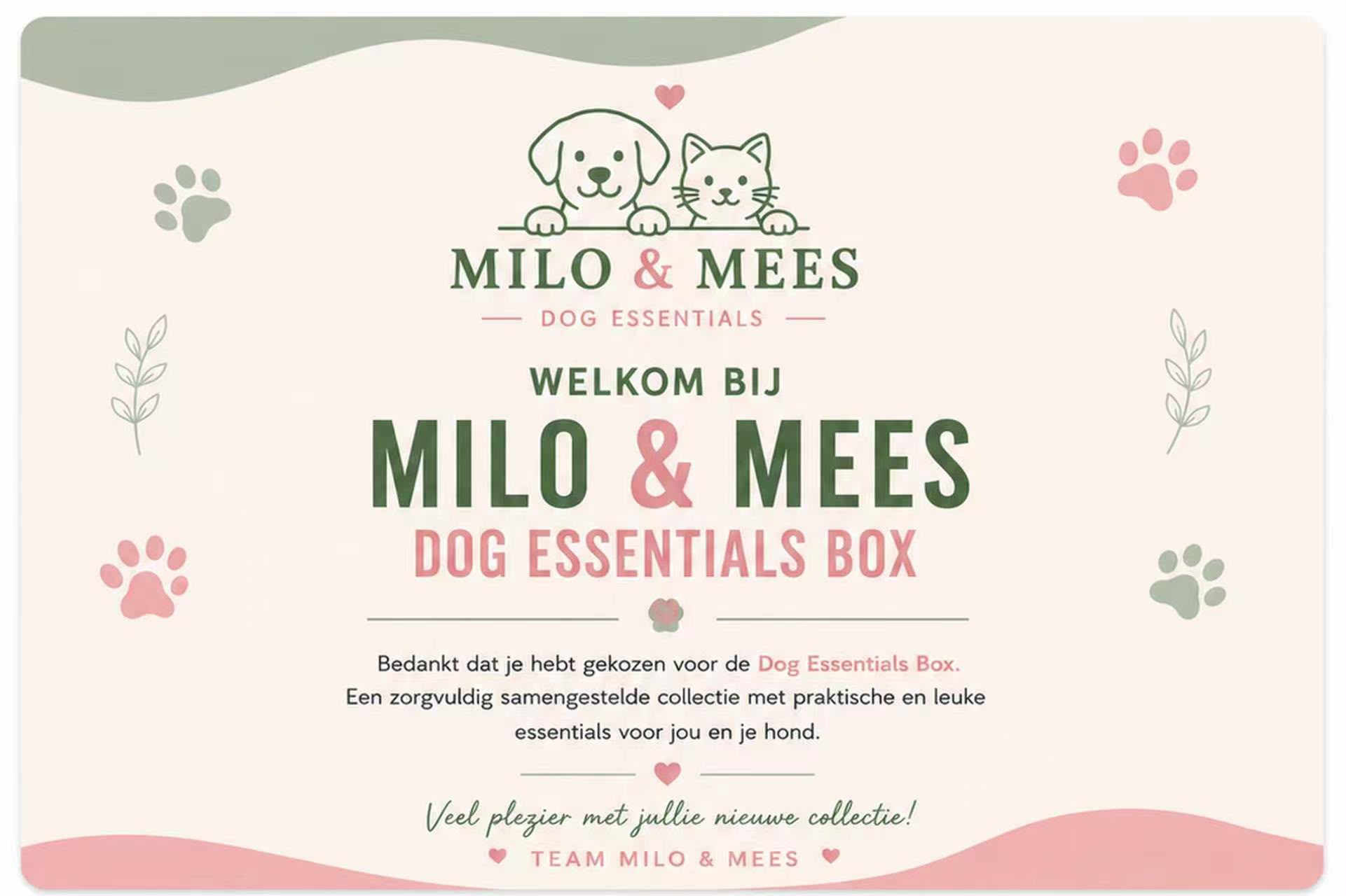 Welkomstkaart Milo & Mees Dog Essentials Box